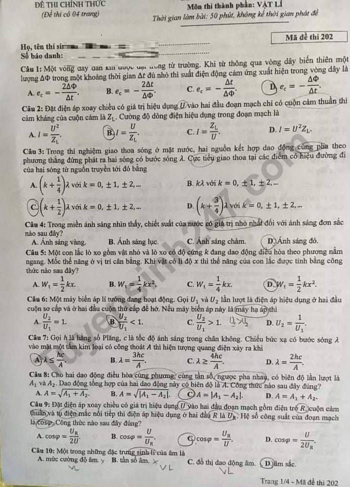 Đáp án đề thi tốt nghiệp THPT môn Lý mã đề 202 năm 2020
