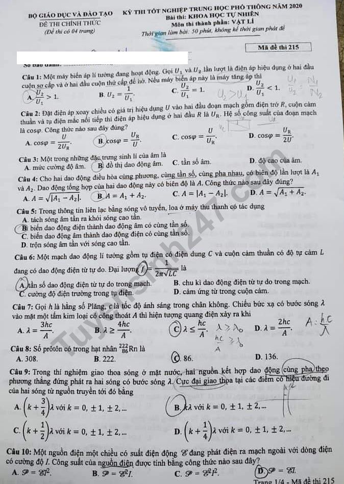 Đáp án đề thi tốt nghiệp THPT mã đề 215 môn Lý năm 2020