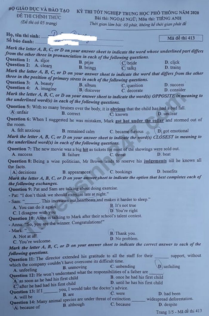 Đáp án đề thi Tốt nghiệp THPT năm 2020 môn Anh mã đề 413