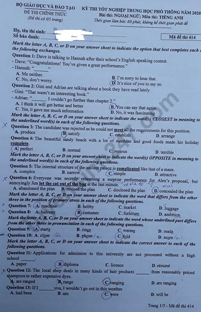 Đáp án đề thi Tốt nghiệp THPT năm 2020 mã đề 414 môn Anh