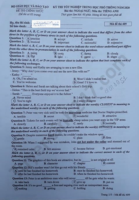  Đáp án đề thi Tốt nghiệp THPT năm 2020 môn Anh mã đề 409 