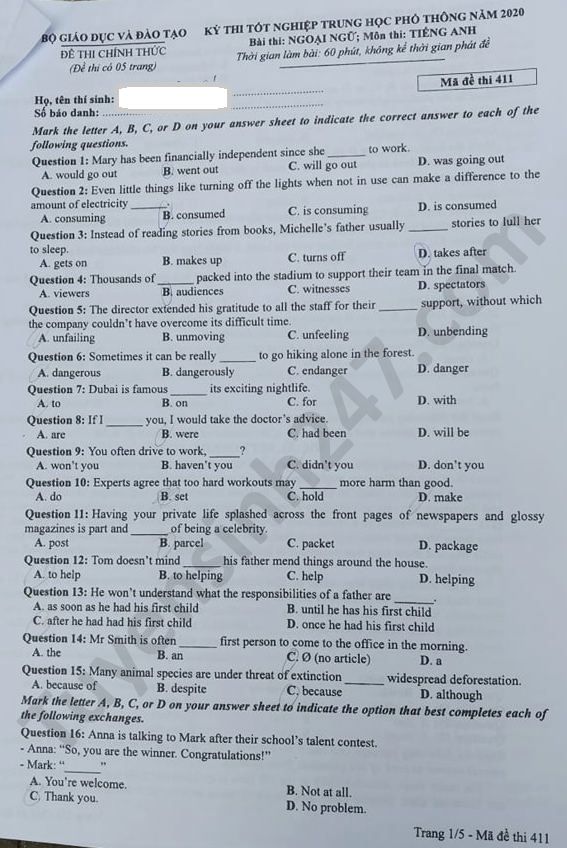 Đáp án môn Anh thi Tốt nghiệp THPT năm 2020 mã đề 411 