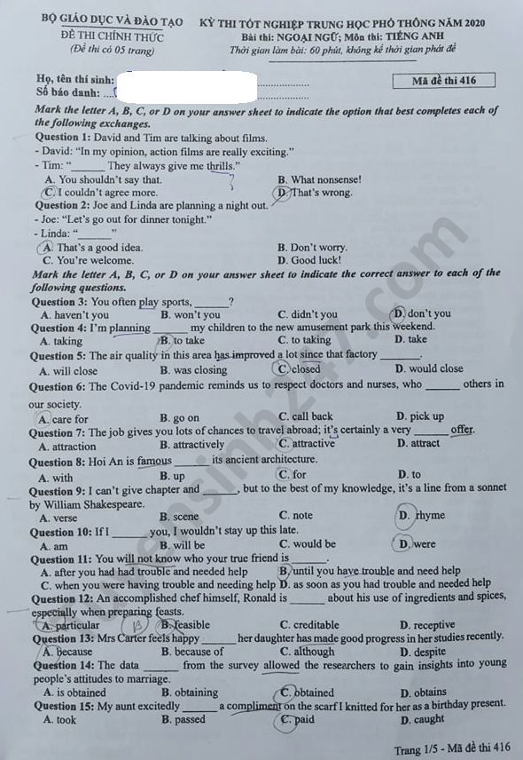 Đáp án đề thi Tốt nghiệp THPT năm 2020 môn Anh mã đề 416 