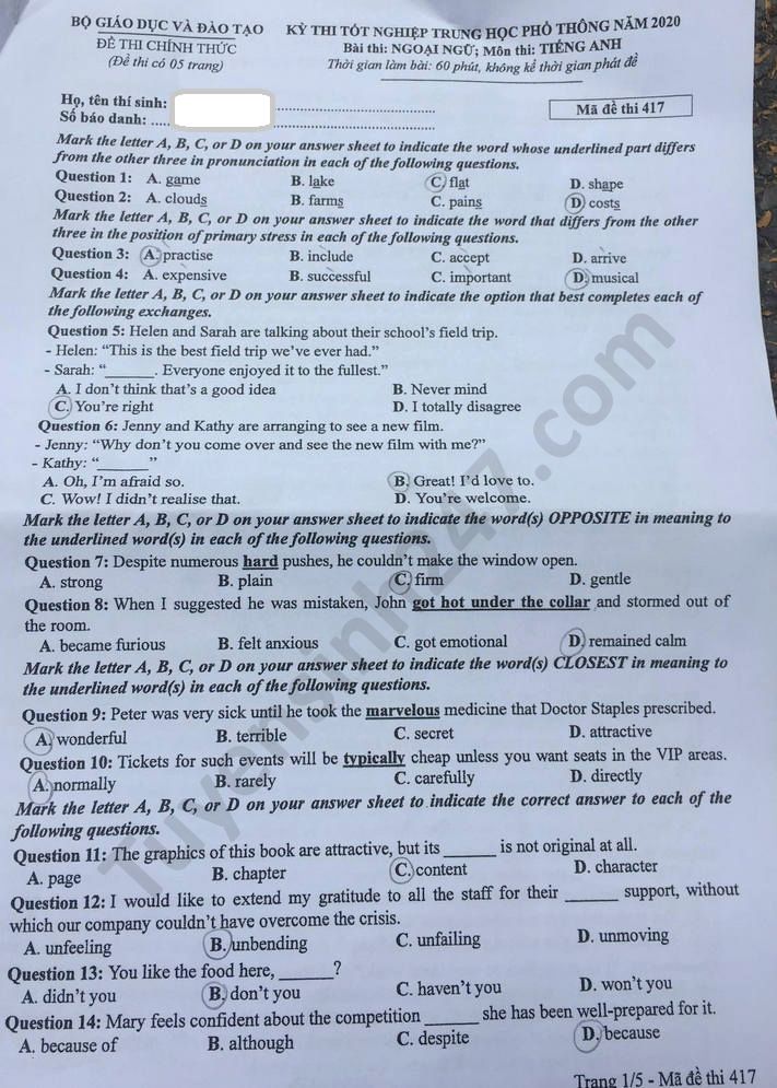 Đáp án đề thi Tốt nghiệp THPT năm 2020 môn Anh mã đề 417