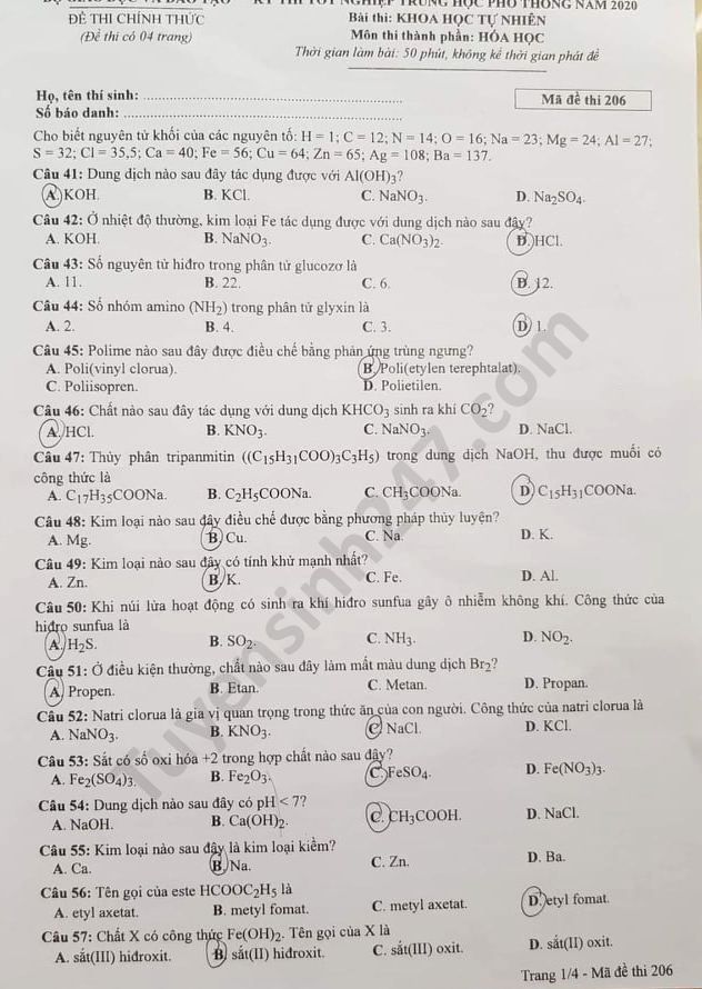 Đáp án đề thi tốt nghiệp THPT năm 2020 môn Hóa mã đề 206
