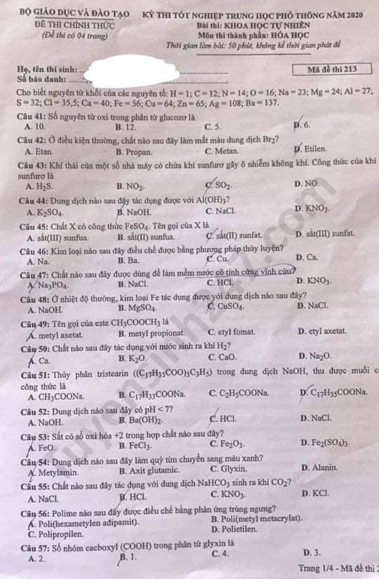 Đáp án đề thi tốt nghiệp THPT năm 2020 môn Hóa mã đề 213