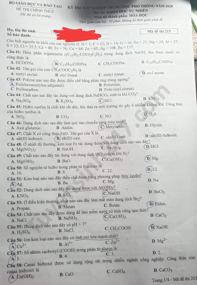 Đáp án đề thi tốt nghiệp THPT mã đề 215 môn Hóa năm 2020 