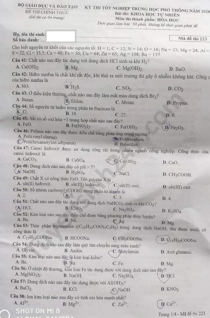 Đáp án đề thi tốt nghiệp THPT 2020 mã đề 223 môn Hóa