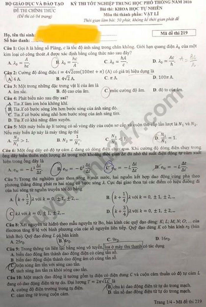 Đáp án đề thi tốt nghiệp THPT môn Lý mã đề 219 năm 2020 