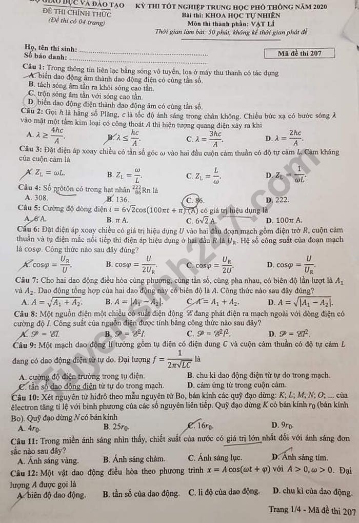 Đáp án đề thi tốt nghiệp THPT năm 2020 mã đề 207 môn Lý
