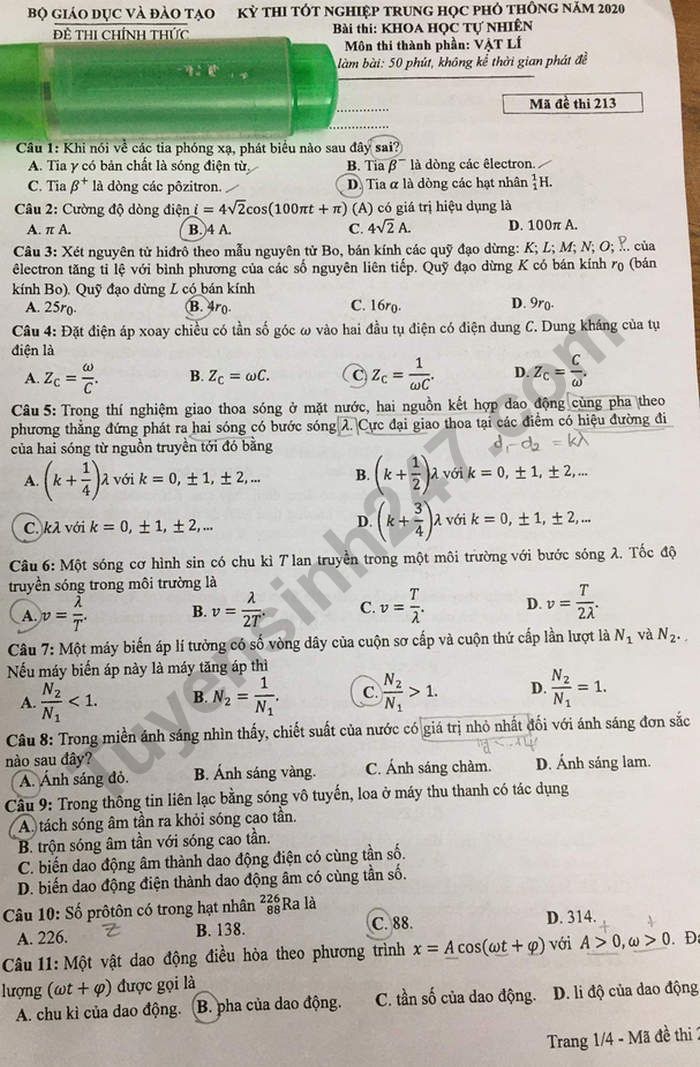 Đáp án đề thi tốt nghiệp THPT năm 2020 mã đề 213 môn Lý 