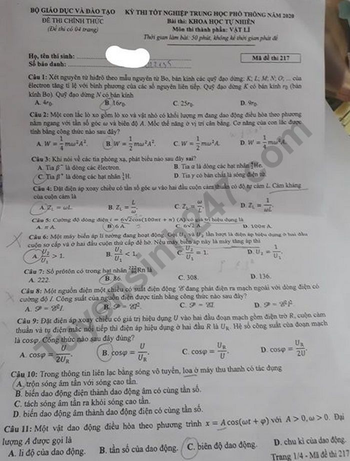 Đáp án đề thi tốt nghiệp THPT năm 2020 mã đề 217 môn Lý 