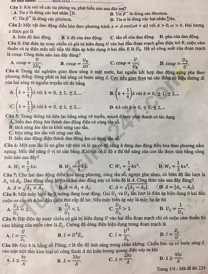 Đáp án đề thi môn Lý - thi tốt nghiệp THPT năm 2020 mã đề 224 