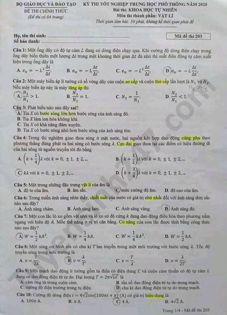 Đáp án đề thi tốt nghiệp THPT môn Lý năm 2020 mã đề 203 