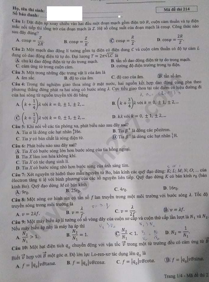 Đáp án đề thi tốt nghiệp THPT năm 2020 môn Lý mã đề 214
