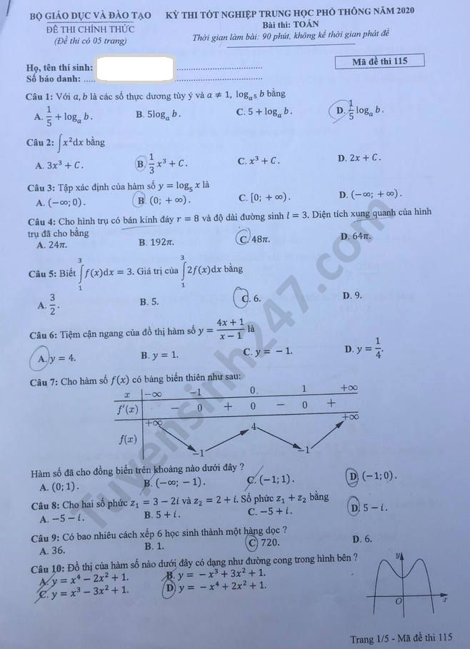 Đáp án đề thi Tốt nghiệp THPT năm 2020 môn Toán mã đề 115 