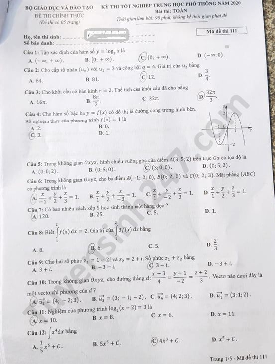 Đáp án đề thi Tốt nghiệp THPT môn Toán mã đề 111 năm 2020