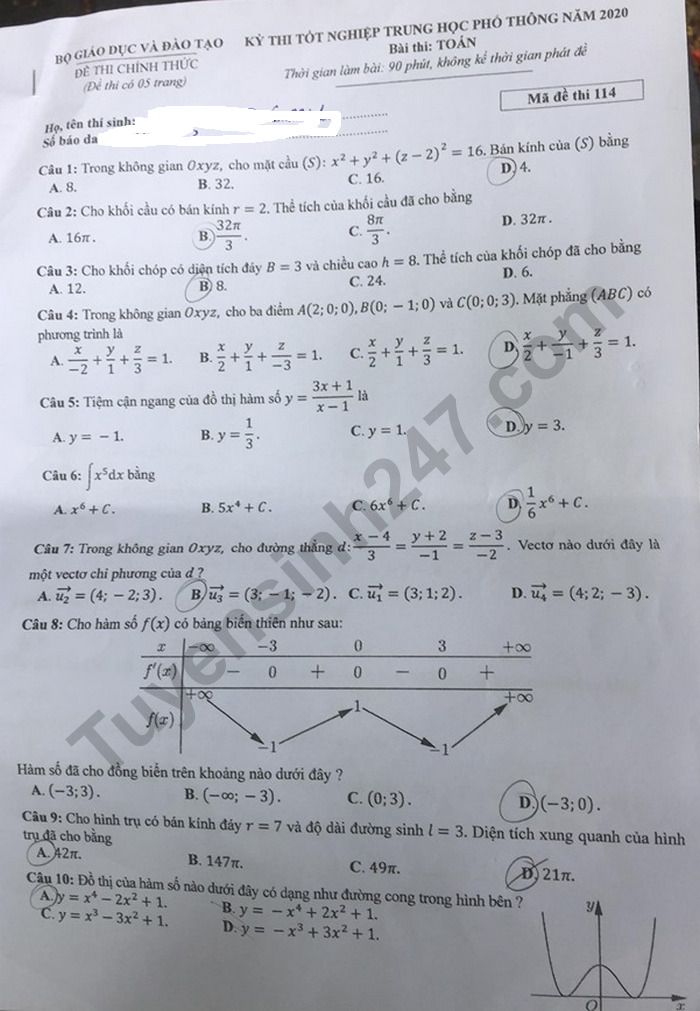 Đáp án đề thi Tốt nghiệp THPT mã đề 114 năm 2020 môn Toán