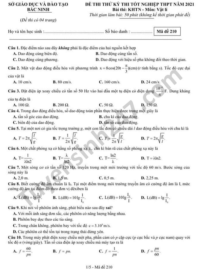Đề thi thử tốt nghiệp THPT năm 2021 tỉnh Bắc Ninh môn Lý-có đáp án