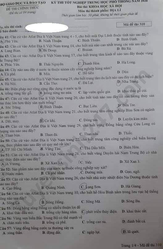 Đáp án đề thi Tốt nghiệp THPT năm 2020 mã đề 310 môn Địa