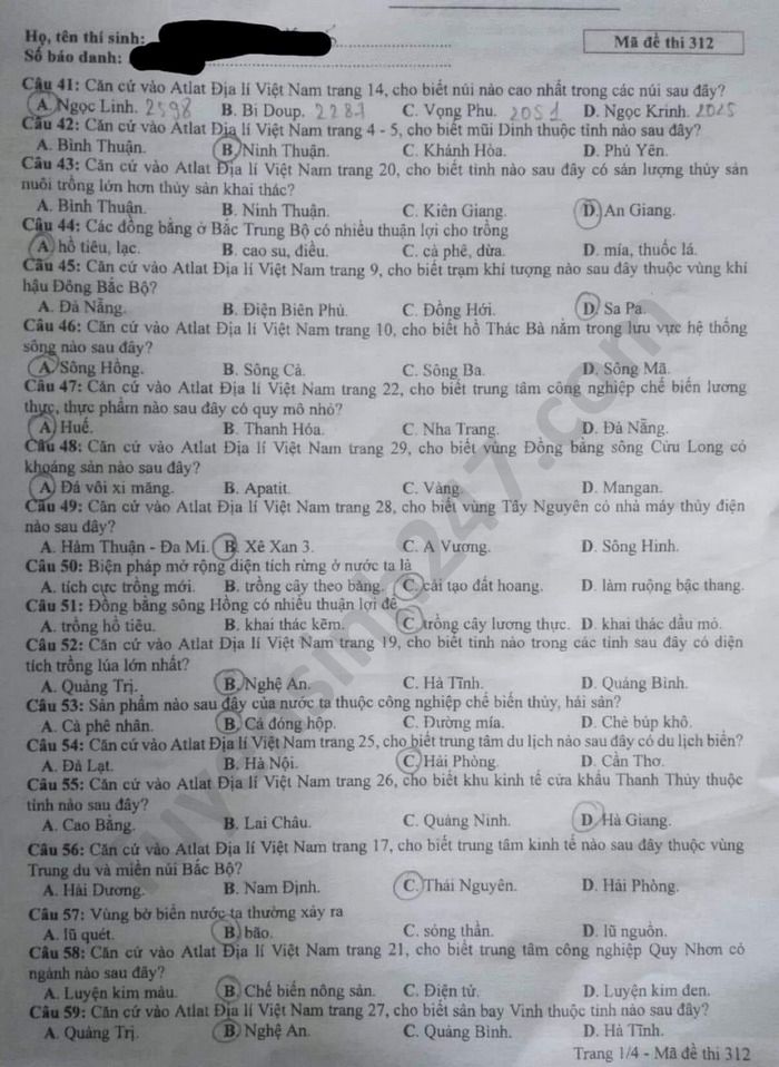 Đáp án đề thi Tốt nghiệp THPT năm 2020 môn Địa - mã đề 312