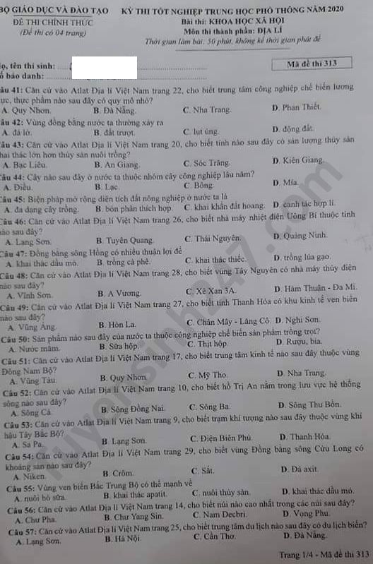 Đáp án đề thi Tốt nghiệp THPT năm 2020 mã đề 313 môn Địa 