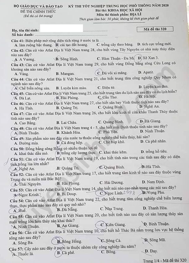 Đáp án đề thi môn Địa - thi Tốt nghiệp THPT năm 2020 mã đề 320