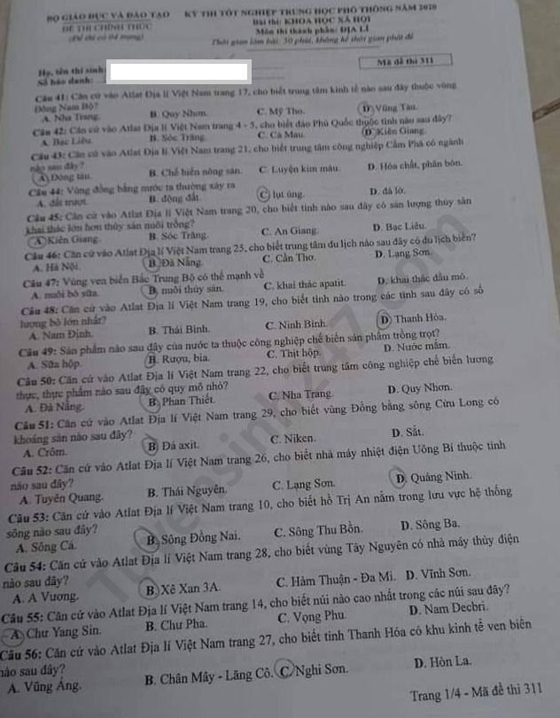 Đáp án đề thi Tốt nghiệp THPT năm 2020 môn Địa mã đề 311