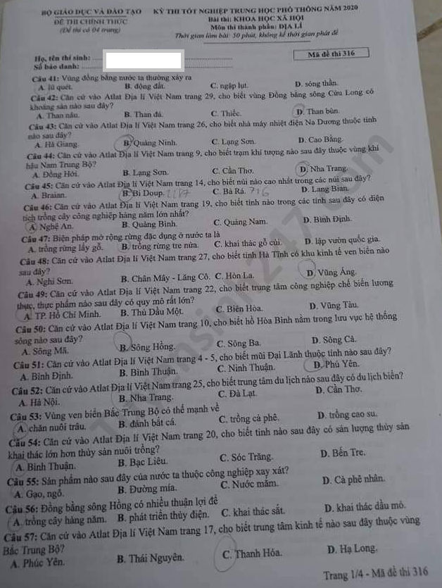 Đáp án đề thi Tốt nghiệp THPT môn Địa năm 2020 mã đề 316 