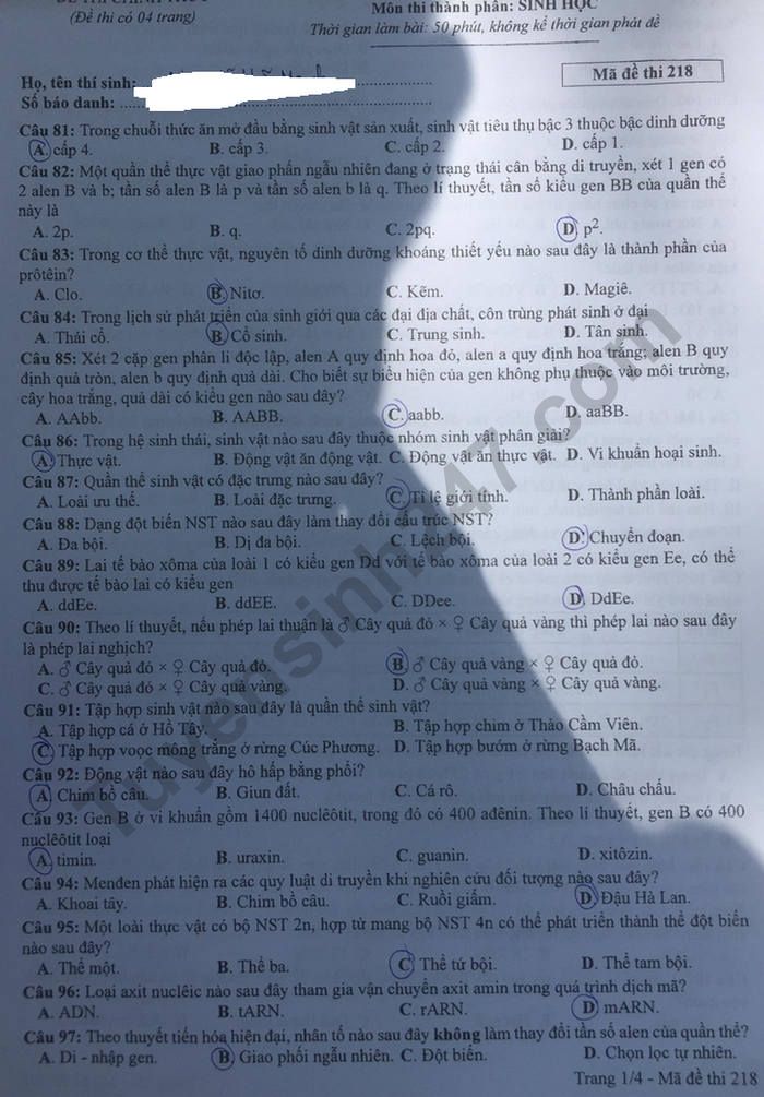 Đáp án đề thi tốt nghiệp THPT năm 2020 môn Sinh - mã đề 218