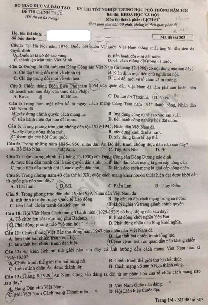Đáp án đề thi môn Sử - thi Tốt nghiệp THPT năm 2020 mã đề 303