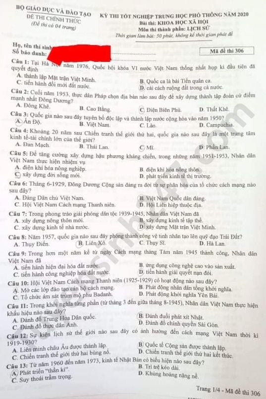 Đáp án đề thi Tốt nghiệp THPT năm 2020 mã đề 306 môn Sử