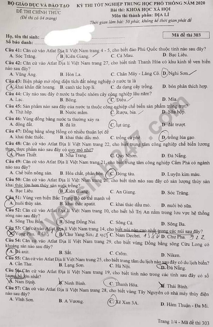 Đáp án đề thi Tốt nghiệp THPT năm 2020 mã đề 303 môn Địa 
