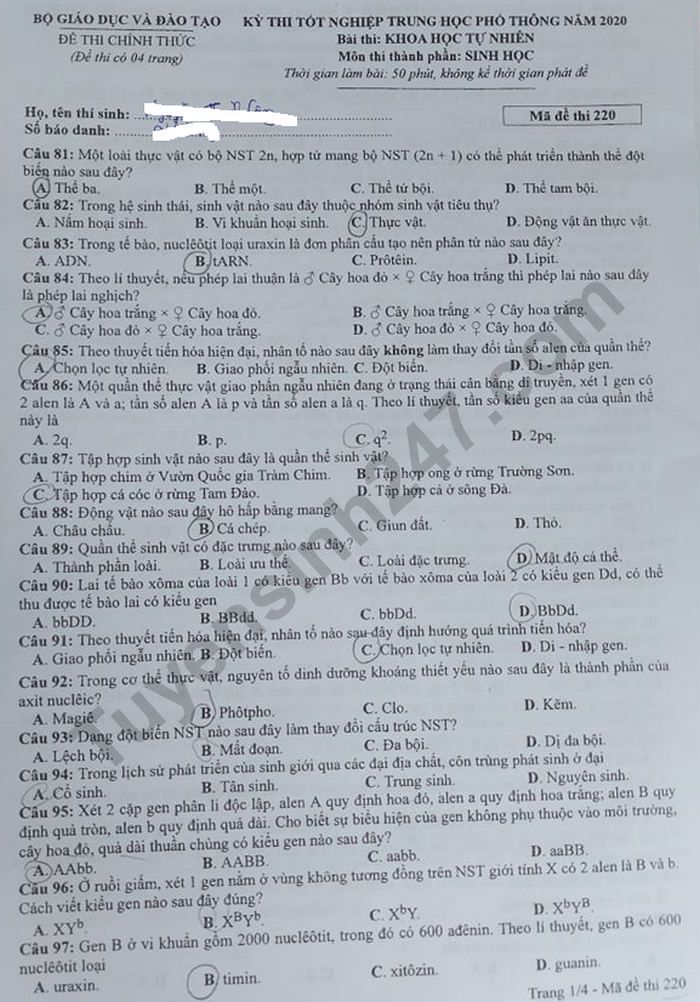 Đáp án đề thi môn Sinh - thi tốt nghiệp THPT năm 2020 mã đề 220