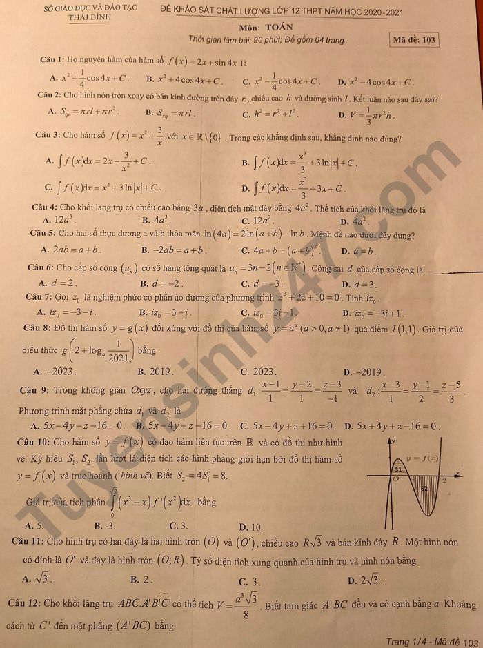 Đề thi KSCL lớp 12 môn Toán tỉnh Thái Bình năm 2021