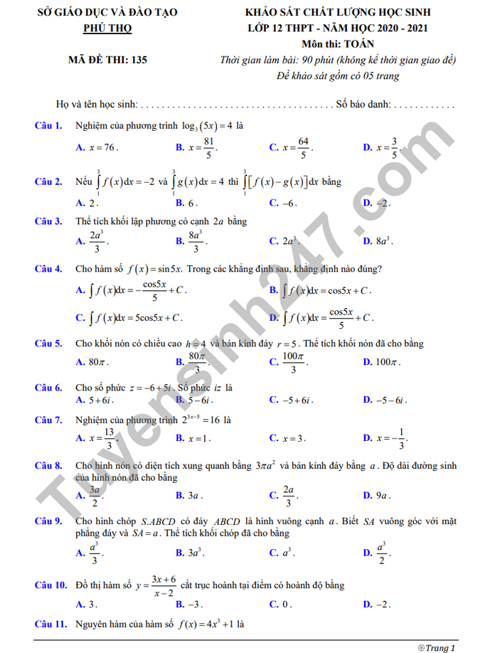 Đề KSCL học sinh lớp 12 THPT năm 2021 tỉnh Phú Thọ môn Toán