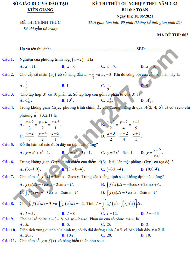 Đề thi thử tốt nghiệp THPT năm 2021 tỉnh Kiên Giang môn Toán - Có đáp án