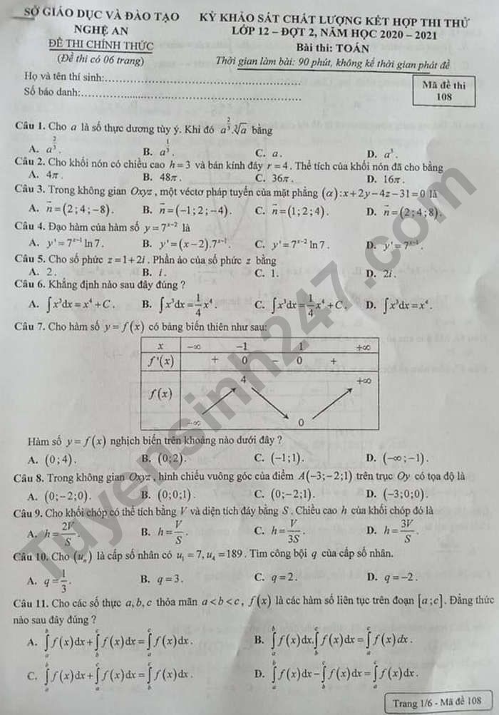 Đề thi KSCL kết hợp thi thử tốt nghiệp THPT 2021 lần 2 tỉnh Nghệ An môn Toán