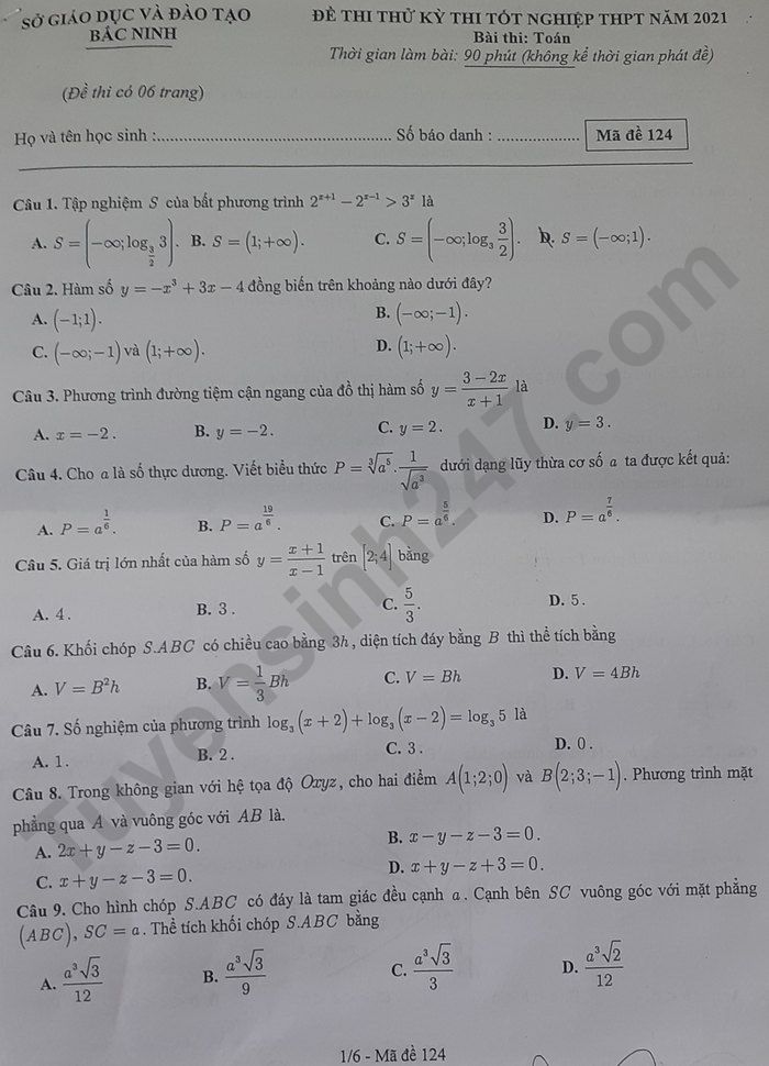 Đề thi thử tốt nghiệp THPT năm 2021 tỉnh Bắc Ninh môn Toán