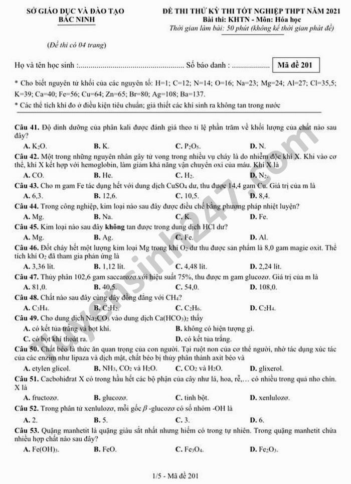 Đề thi thử tốt nghiệp THPT năm 2021 môn Hóa tỉnh Bắc Ninh-có đáp án