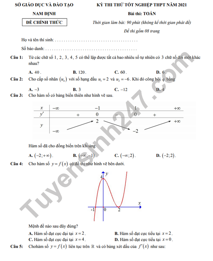 Đề thi thử tốt nghiệp THPT năm 2021 môn Toán tỉnh Nam Định - có đáp án