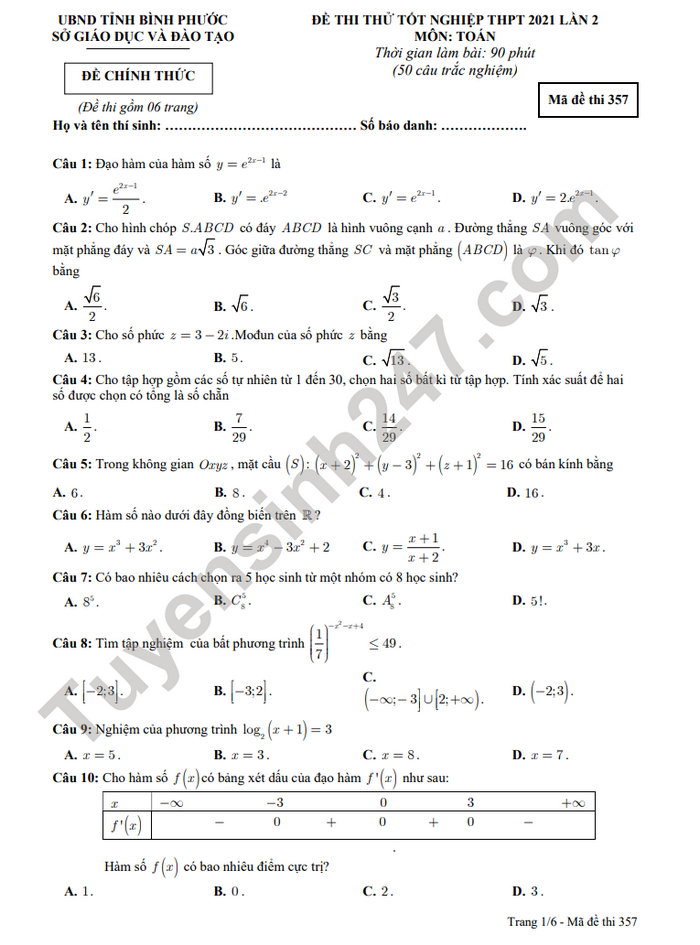 Đề thi thử tốt nghiệp THPT lần 2 năm 2021 môn Toán tỉnh Bình Phước