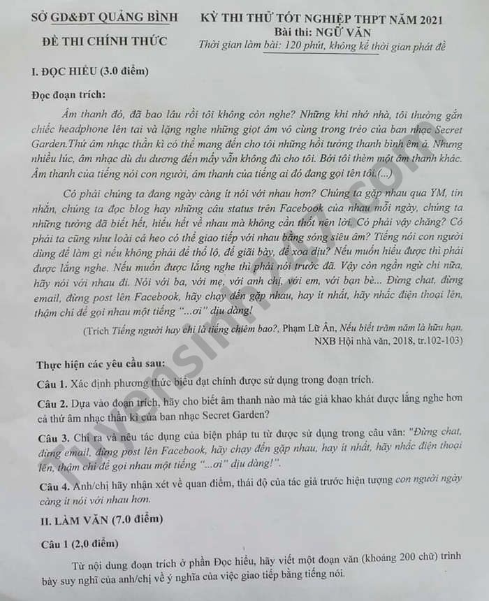 Đề thi thử tốt nghiệp THPT năm 2021 tỉnh Quảng Bình môn Văn - có đáp án