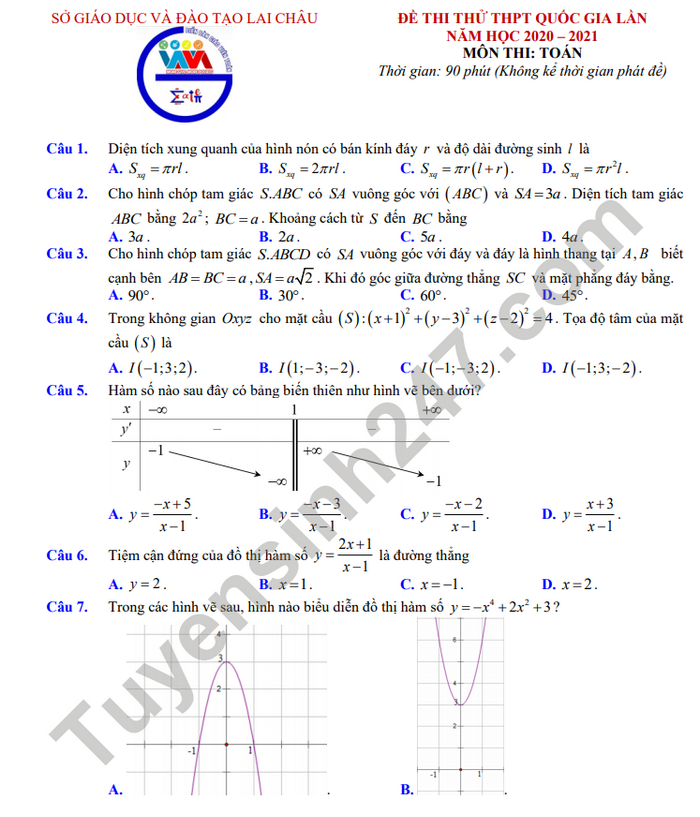 Đề thi thử tốt nghiệp THPT môn Toán tỉnh Lai Châu năm 2021