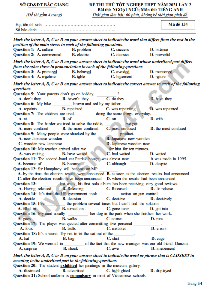 Đề thi thử tốt nghiệp THPT năm 2021 môn Anh tỉnh Bắc Giang lần 2