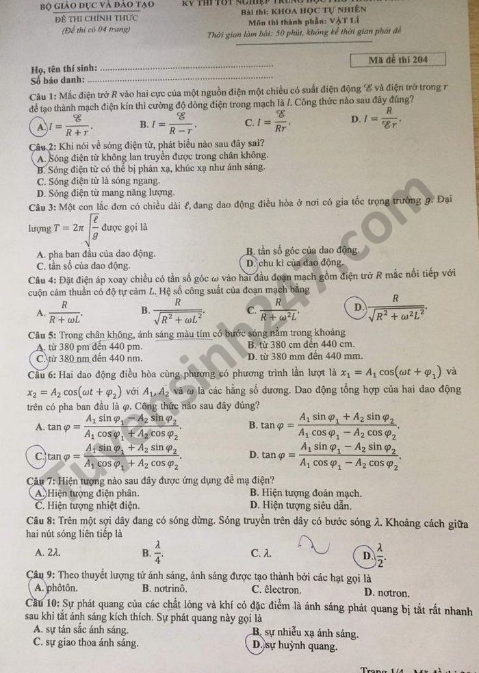 Đáp án đề thi môn Lý - thi tốt nghiệp THPT năm 2021 mã đề 204