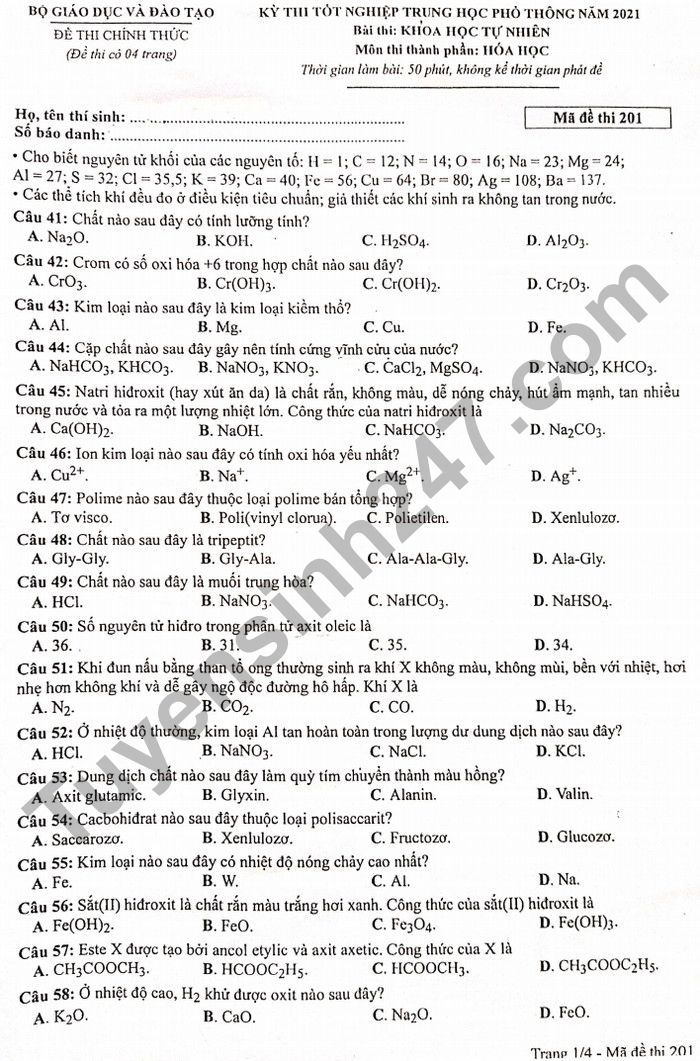 Đáp án đề thi tốt nghiệp THPT môn Hóa 2021 - Mã đề 201