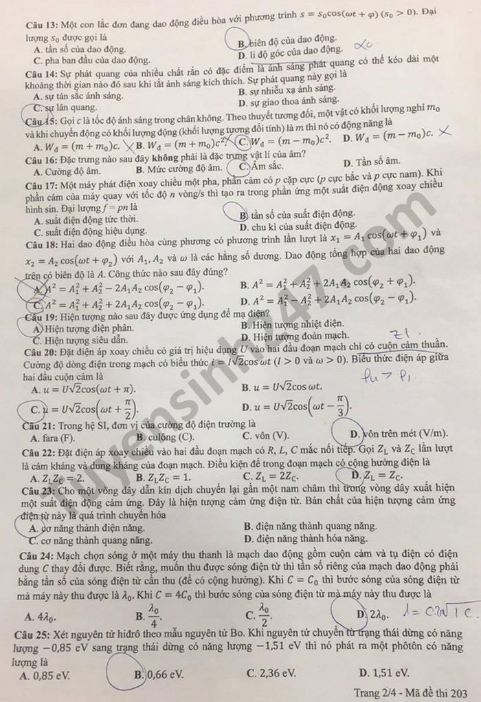 Đáp án đề thi tốt nghiệp THPT năm 2021 môn Lý  - Mã đề 203 