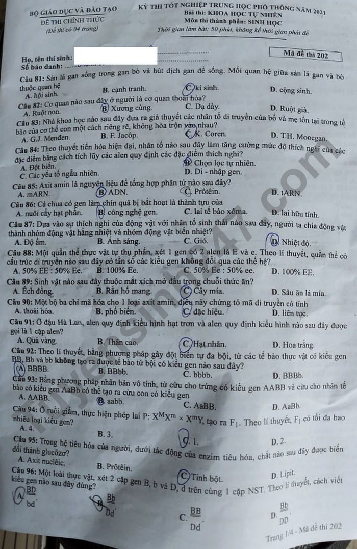 Đáp án đề thi tốt nghiệp năm 2021 môn Sinh mã đề 202 
