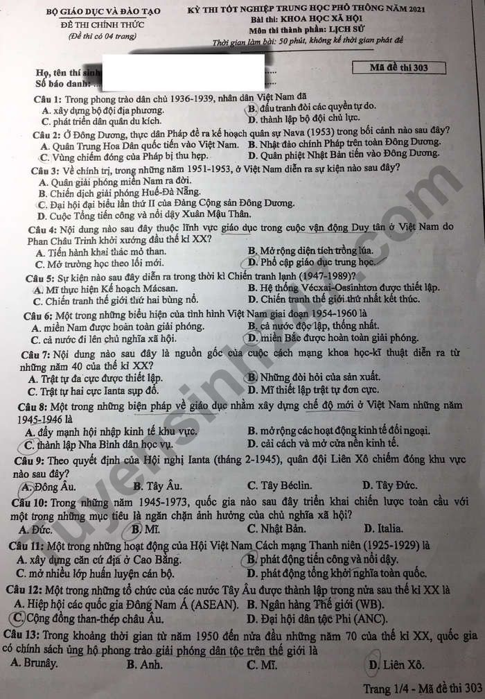 Đáp án đề thi tốt nghiệp THPT năm 2021 môn Sử - Mã đề 303